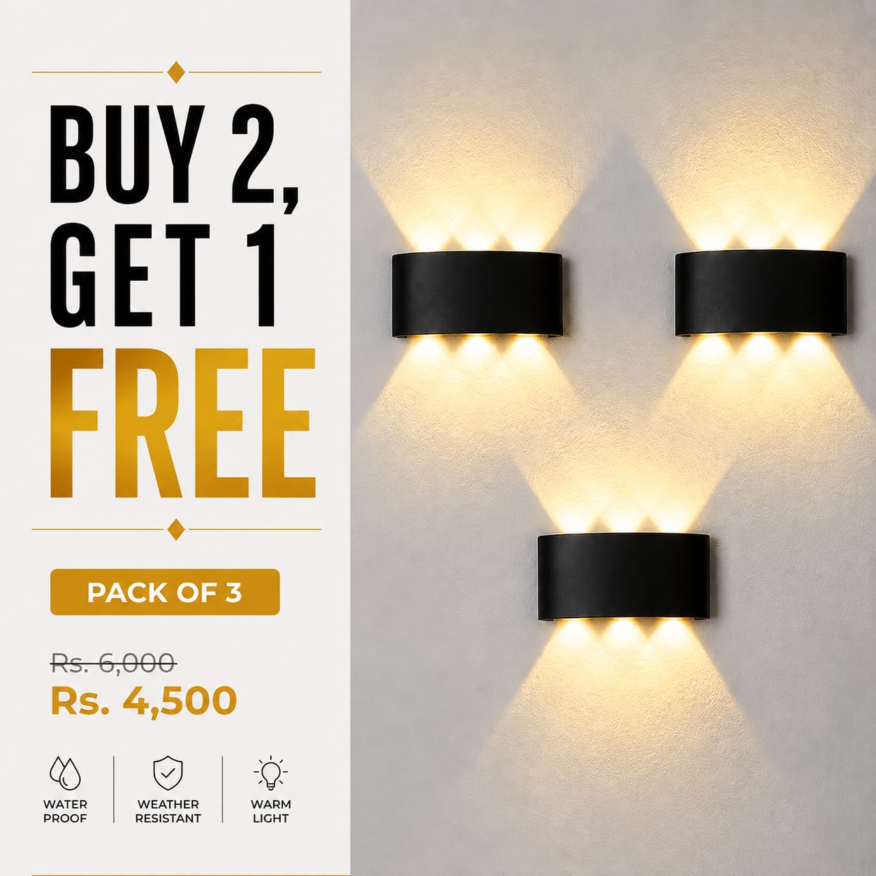 3 LED 6W Wave Outdoor Waterproof Wall Light Bundle