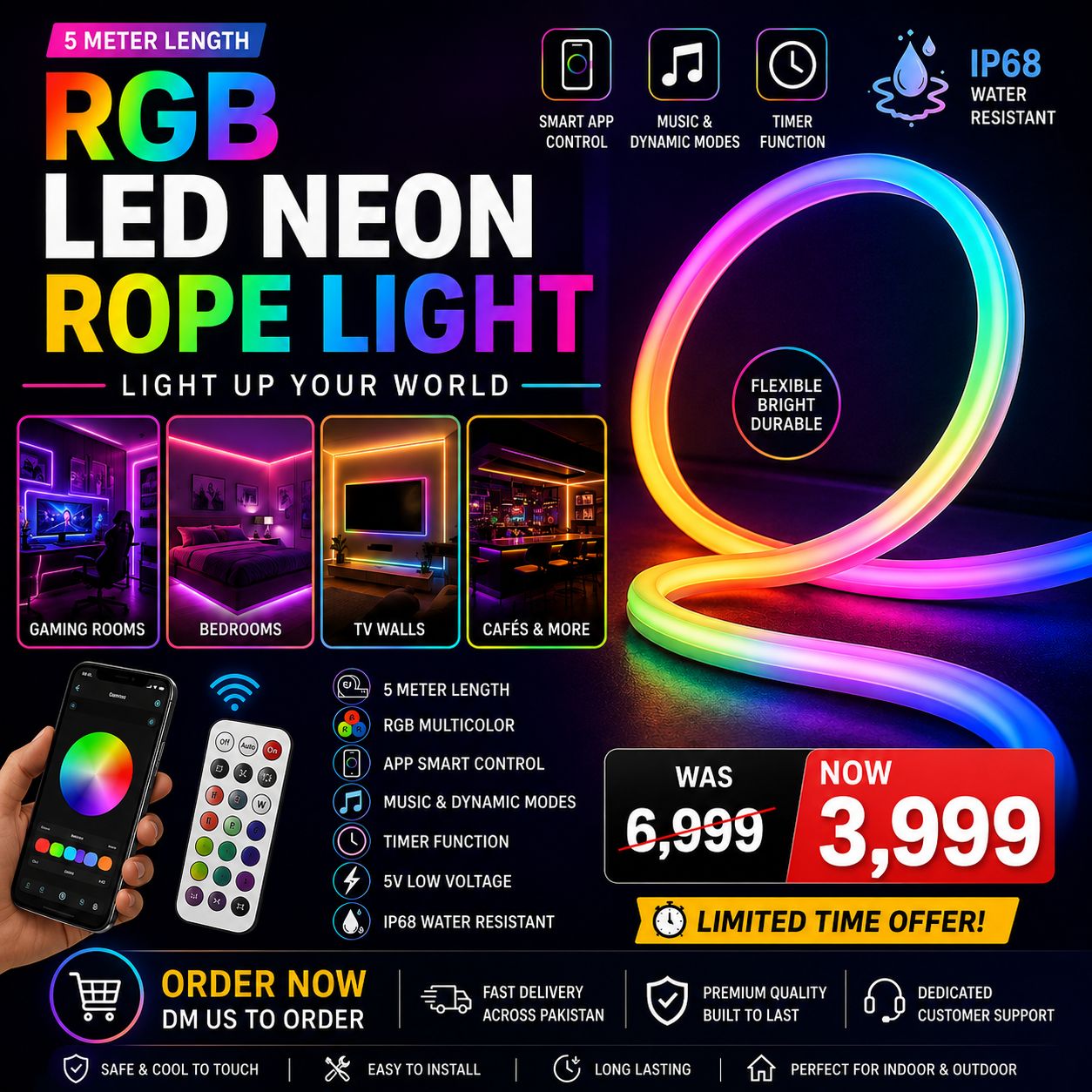 5 meter RGB LED neon rope light